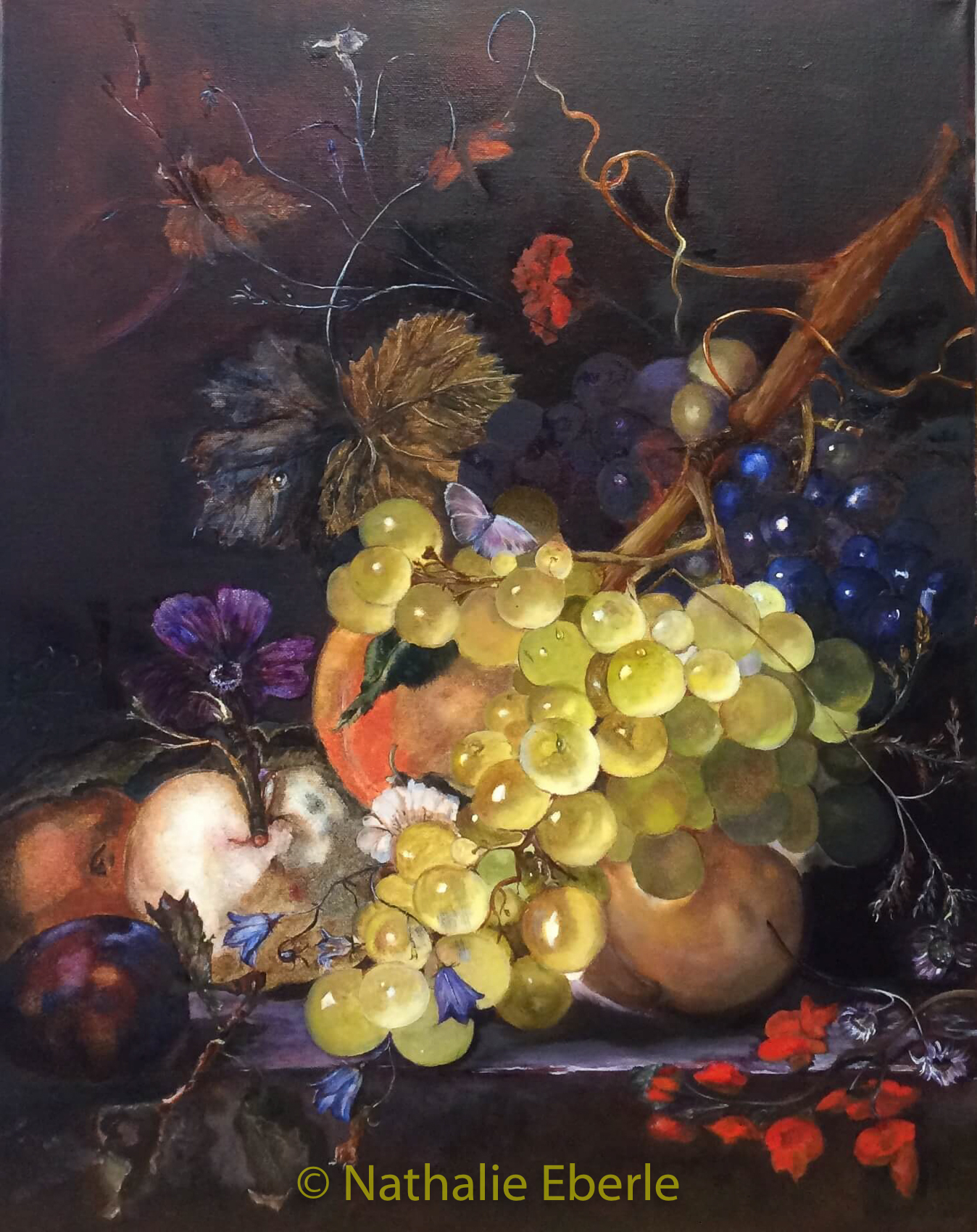 inspired copy of the painting by Jan van Huysum STILL LIFE WITH FRUIT ON A MARBLE LEDGE( 1720г.)