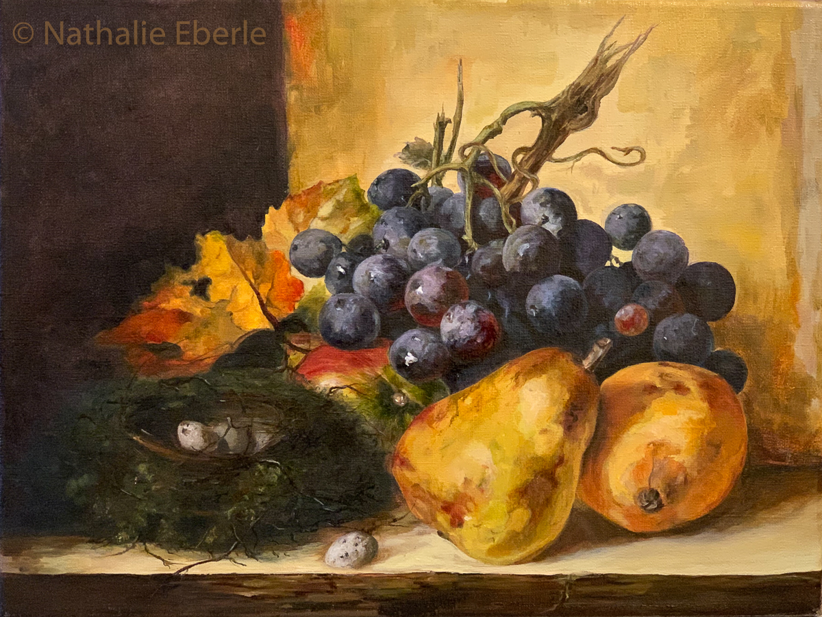 Inspired Copy Of The Painting  “Still life with pears and grapes”  by  EDWARD LADELL (1821-1886)